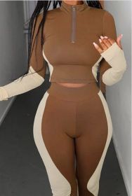 Fashion Two Pieces Activewear with Long Sleeve Crop Top with High Waist Leggings (Color: brown, size: M)